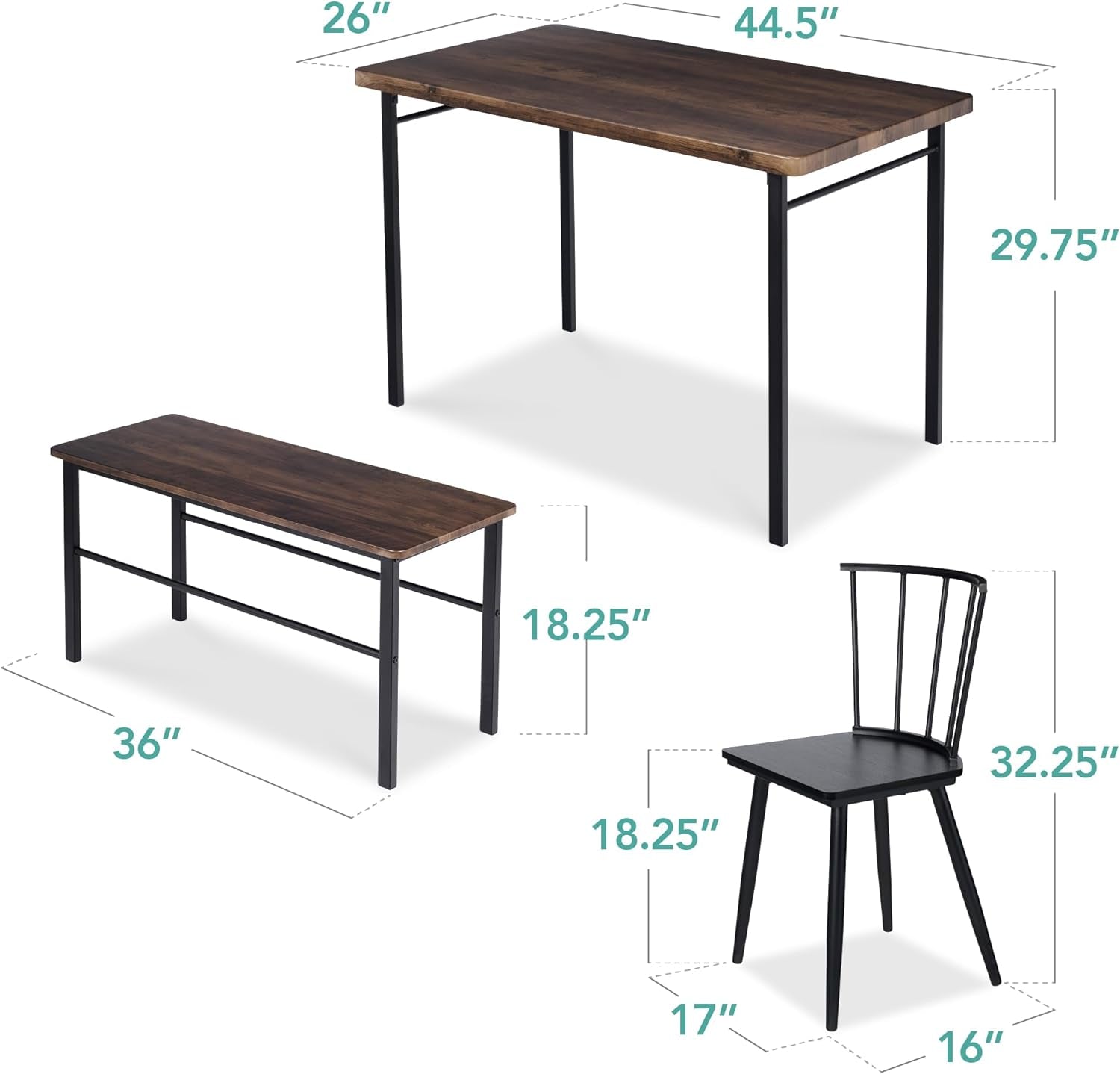 4-Piece Farmhouse Dining Kitchen Table Set, Space Saving Wooden Dinette W/ 2 Black Spindle Back Chairs, Bench - Dark Brown