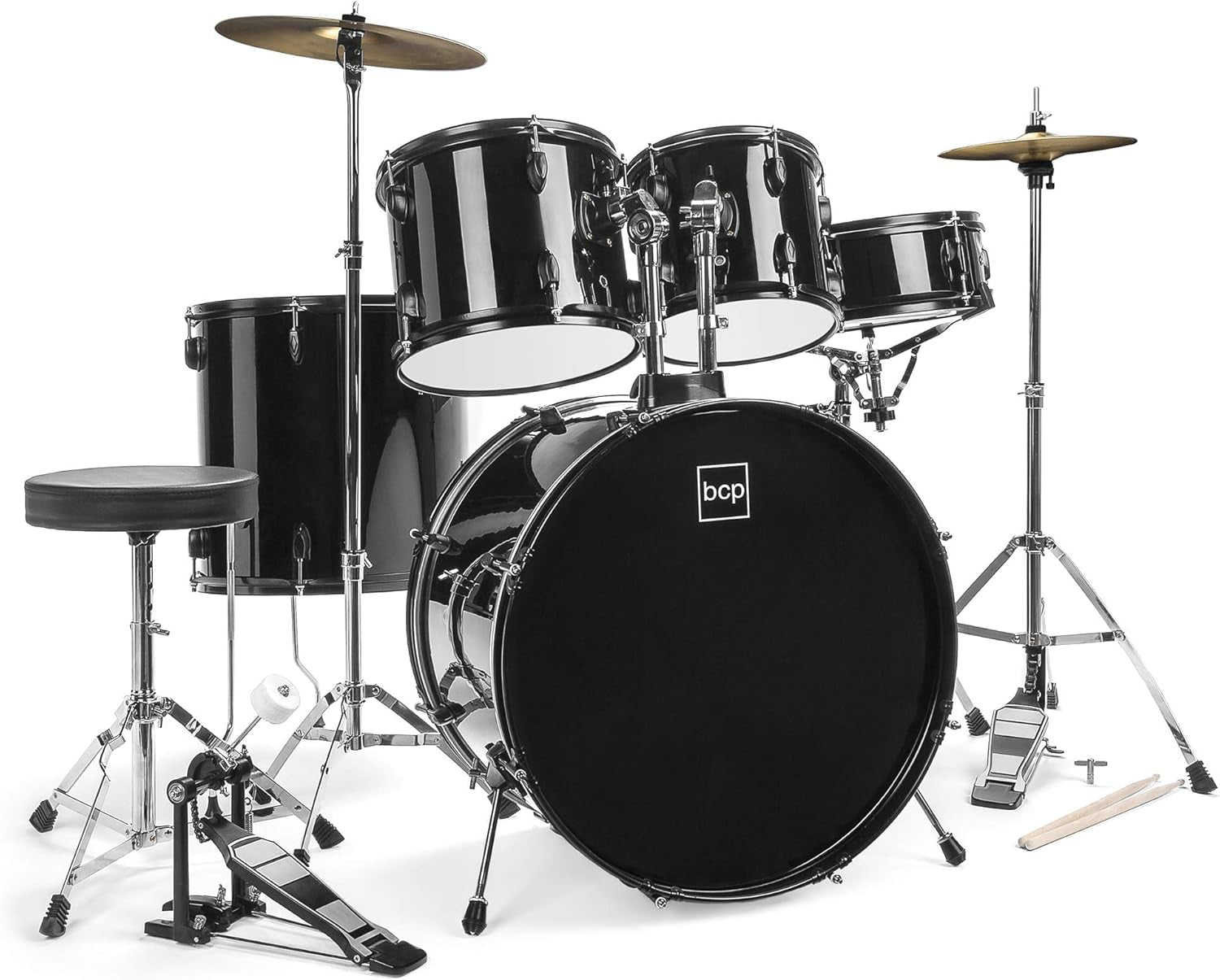 5-Piece Full Size Complete Adult Drum Set W/Cymbal Stands, Stool, Drum Pedal, Sticks, Floor Tom (Black)