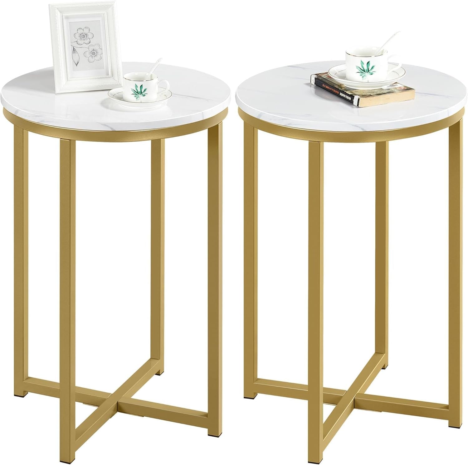 Faux Marble Side Table, 16In End Table Modern Accent Sofa Table W/X-Based, round Tabletop, Sturdy Metal Legs for Living Room, Mustard Gold