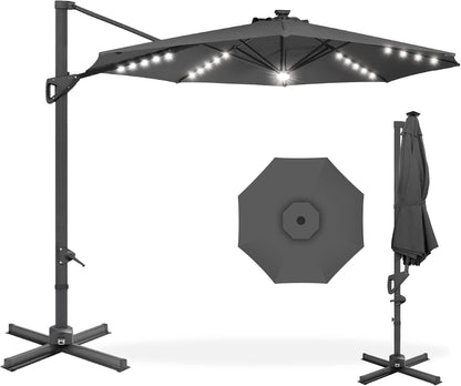 10Ft Solar LED Cantilever Patio Umbrella, 360-Degree Rotation Hanging Offset Market Outdoor Sun Shade for Backyard, Deck, Poolside W/Lights, Easy Tilt, Cross Base