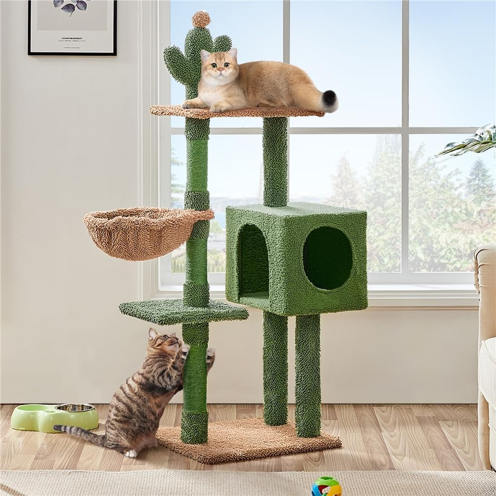 Cactus Cat Tree, 52.5In Cat Tower for Indoor Cats, Large Cat Condo Multi-Leve Scratching Post, Cat Climbing Tree with Basket, Platform, Cat Activity Center Play House Furniture, Green/Brown