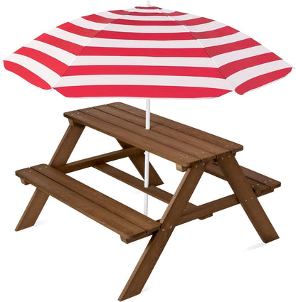 Kids Wooden Picnic Table, Outdoor Activity &amp; Dining Table W/Adjustable Collapsible Umbrella, Built-In Seats - Golden Brown/Navy