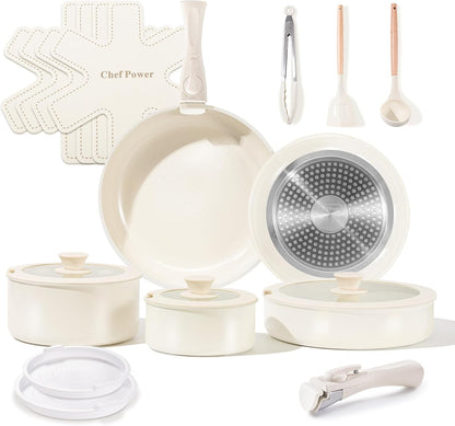 Ceramic Cookware Set Non Toxic with Detachable Handles, Healthy Nonstick Pans and Pots Set 19 Pcs, Induction Dishwasher Oven Safe Kitchen Set, PFAS PFOA &amp; PTFE Free, Cream White