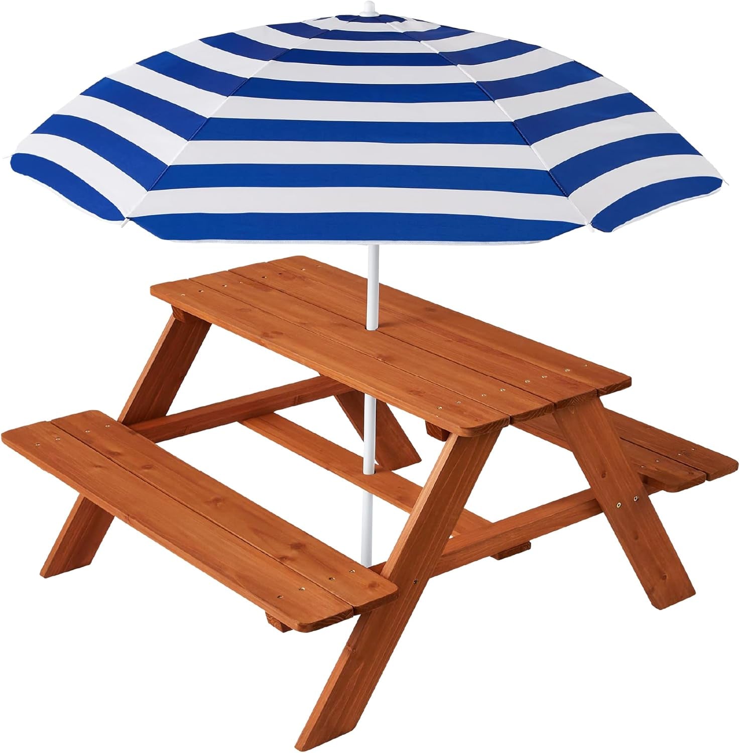 Kids Wooden Picnic Table, Outdoor Activity &amp; Dining Table W/Adjustable Collapsible Umbrella, Built-In Seats - Golden Brown/Navy