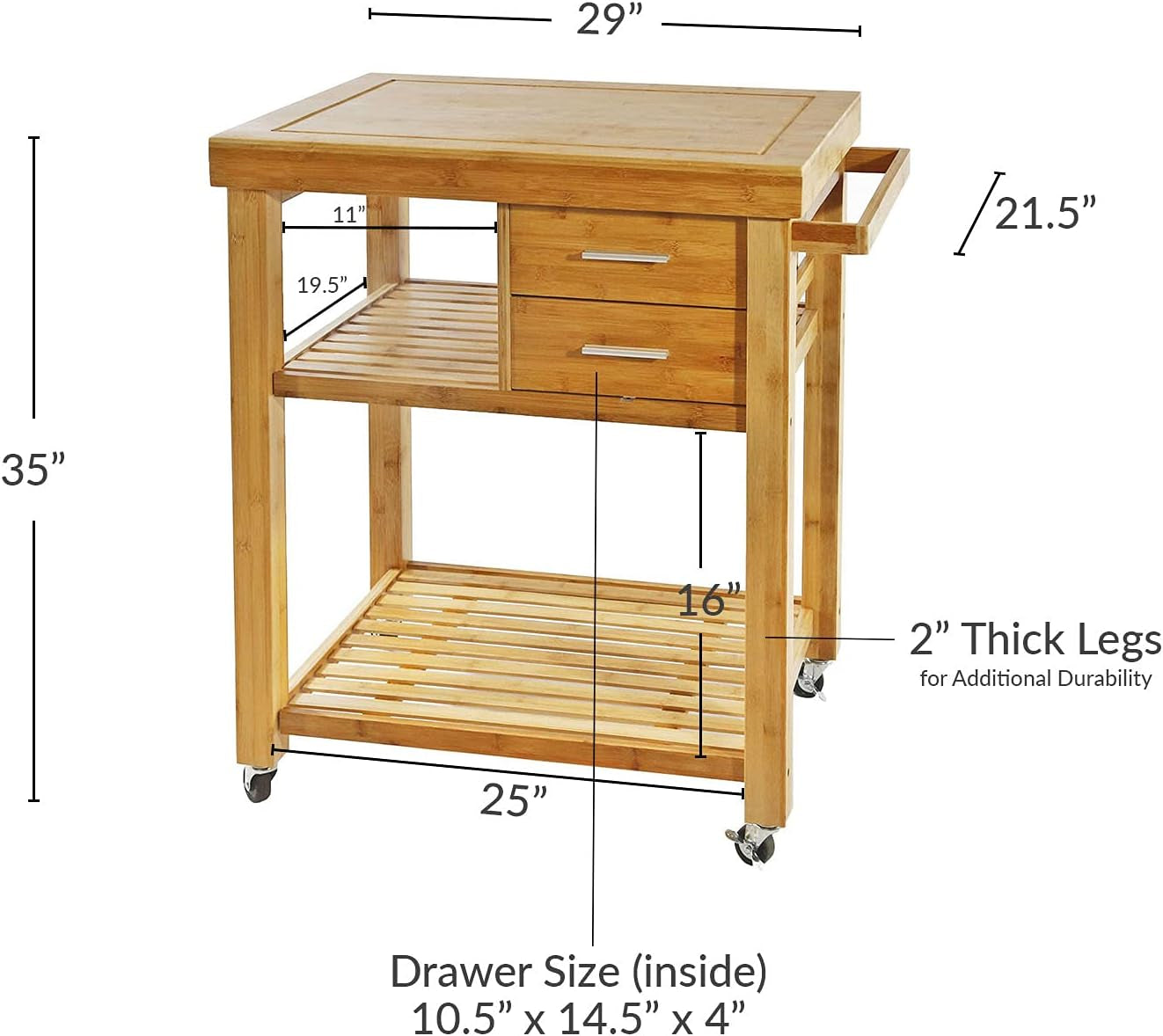 Rolling Kitchen Island Cart with Drawers Shelves, Towel Rack, Locking Casters, Butcher Block Food Prepping Cart Trolley on Wheels, Bamboo Wood