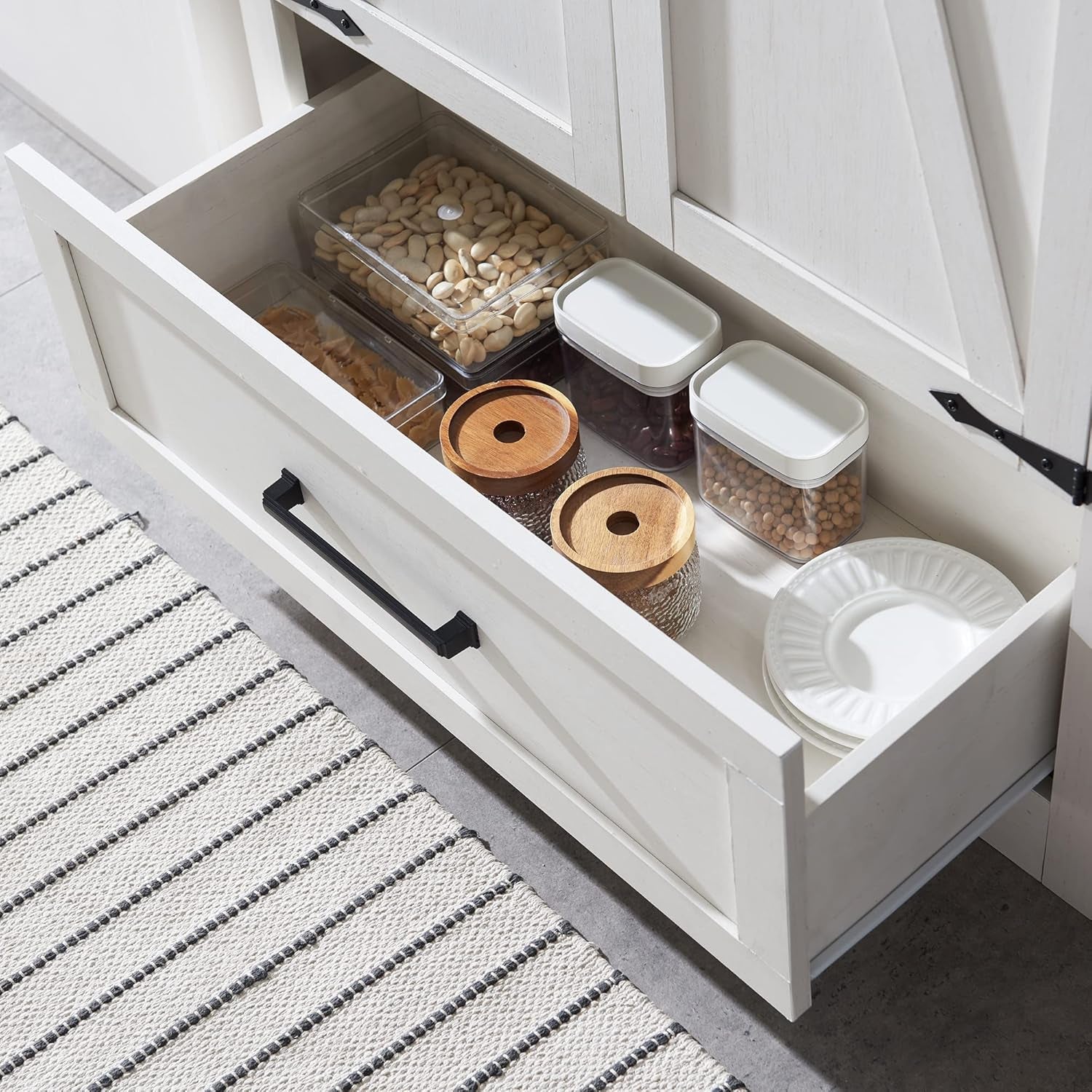 Farmhouse Kitchen Pantry Cabinet - 72&quot; Tall Wood Kitchen Storage Cabinets with Adjustable Shelves &amp; 2 Barn Doors &amp; Drawer, Versatile Storage for Dining Room, Bathroom, Antique White