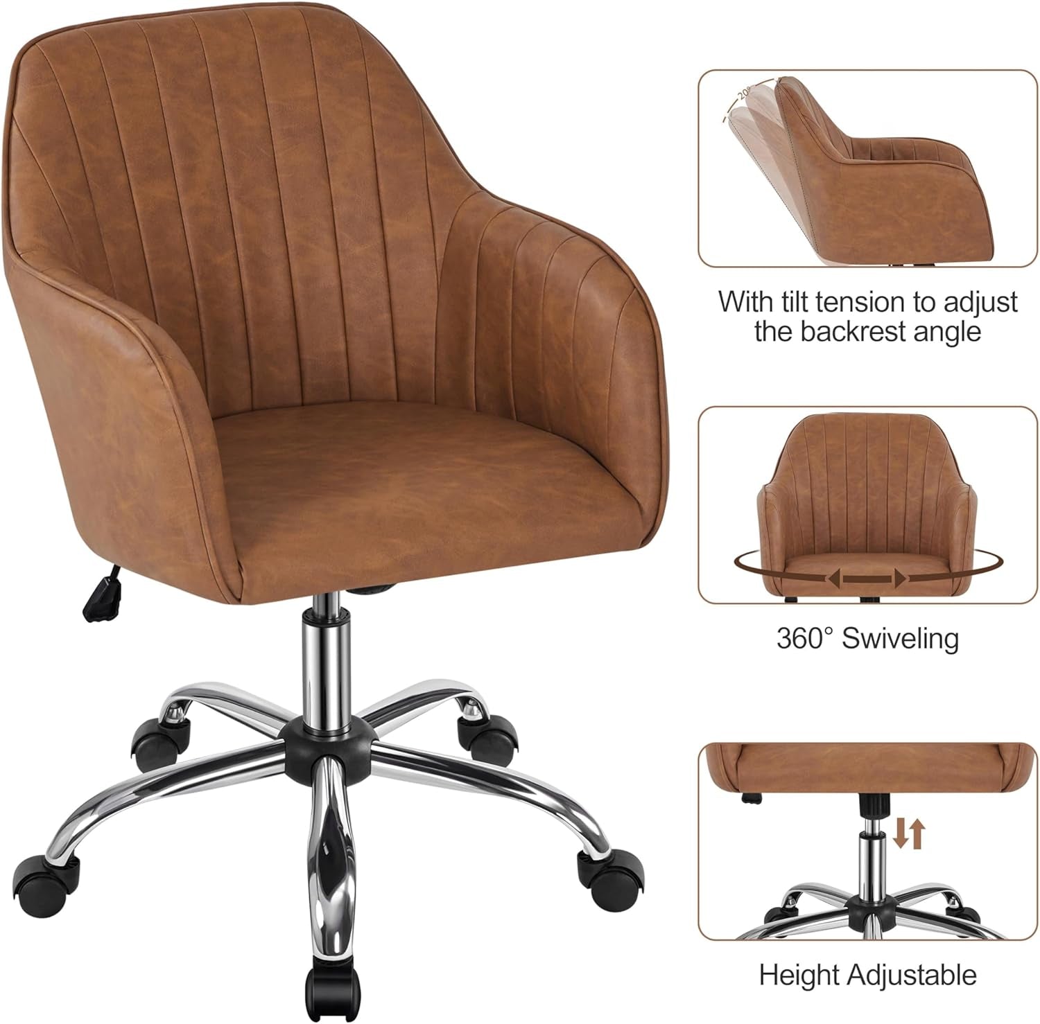 Modern Faux Leather Desk Chair Height Adjustable Task Chair Swivel Office Chair Makeup Chair Computer Chair Mid Back Chair Living Room Chairs with Arms Retro Brown