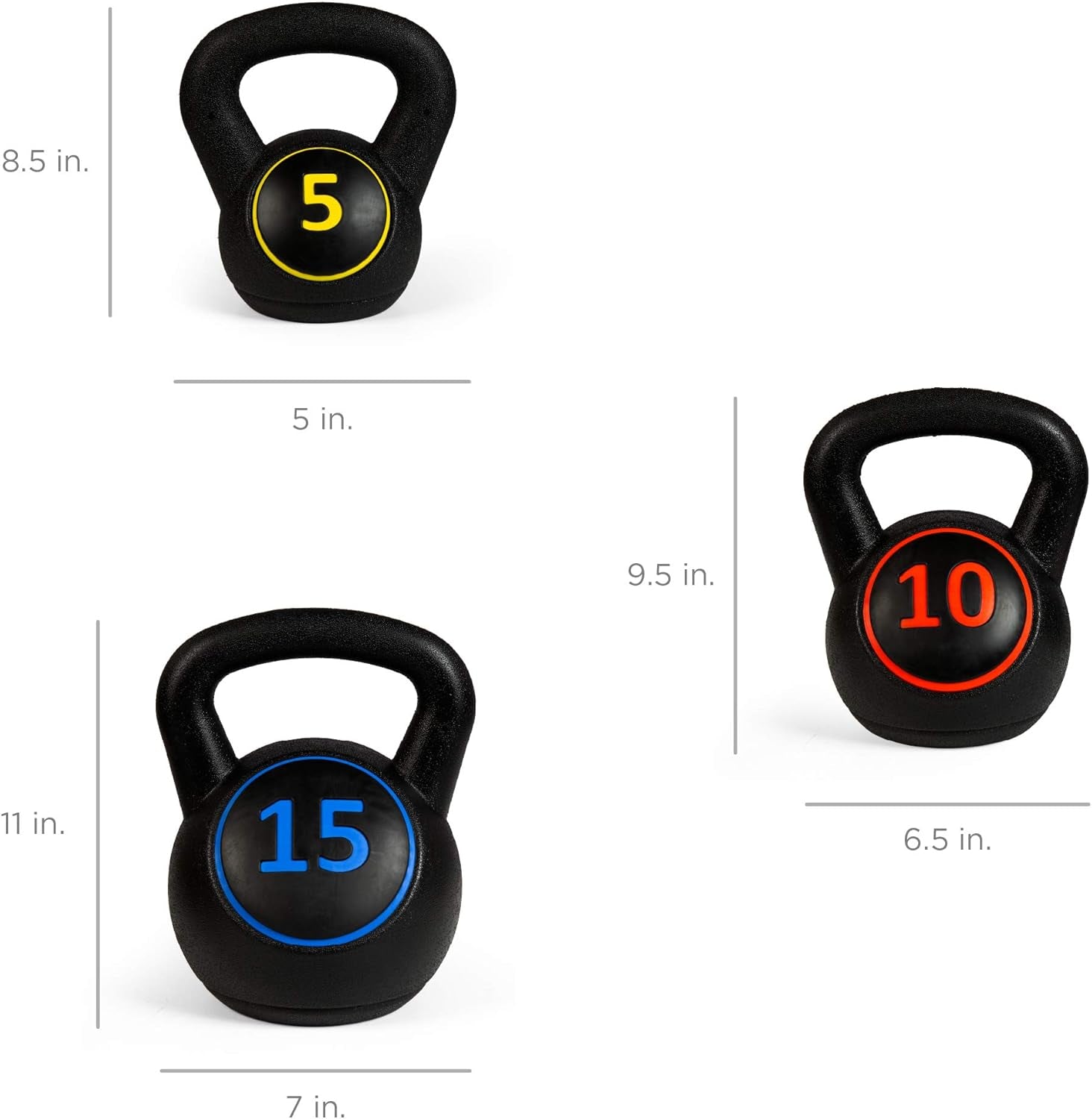 3-Piece Kettlebell Set with Storage Rack, HDPE Coated Exercise Fitness Concrete Weights for Home Gym, Strength Training, HIIT Workout 5Lb, 10Lb, 15Lb