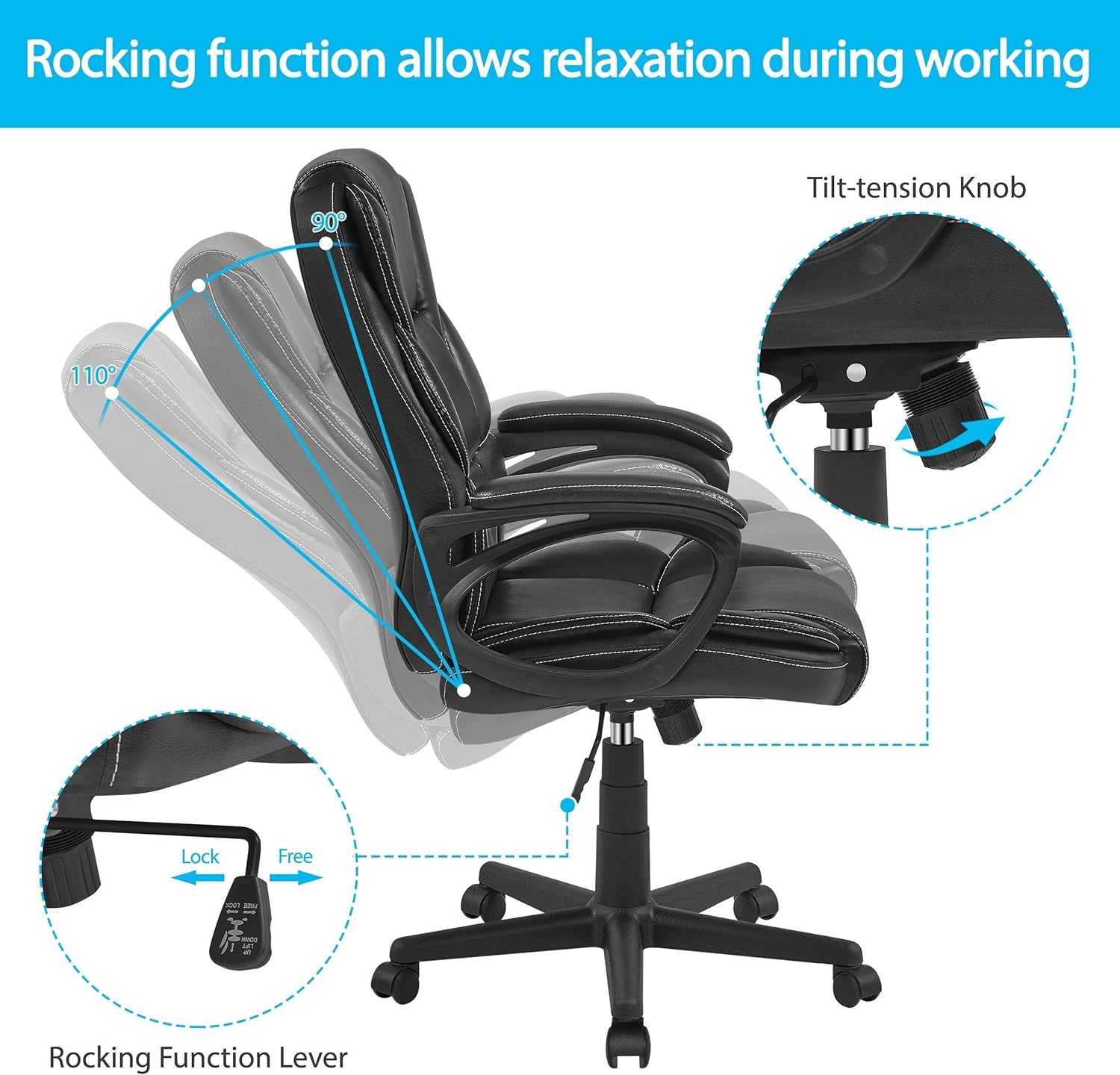 Office Chair High Back Wide Seat Executive Chair Adjustable Desk Chair, PU Leather Managerial Swivel Chair W/Padded Armrest, Big and Tall