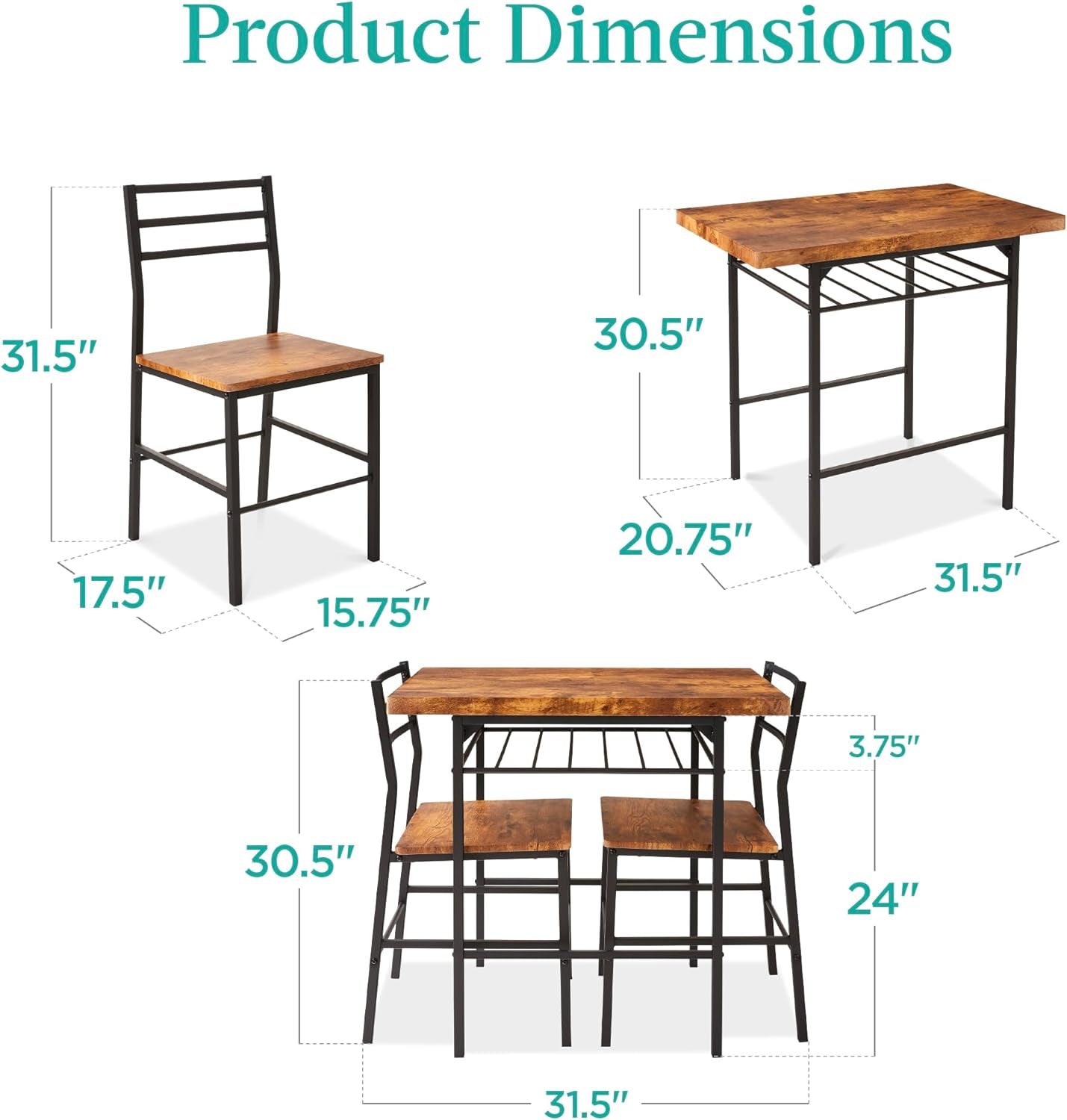 3-Piece Modern Dining Set, Space Saving Dinette for Kitchen, Dining Room, Small Space W/Steel Frame, Built-In Storage Rack - Brown