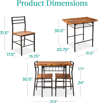 3-Piece Modern Dining Set, Space Saving Dinette for Kitchen, Dining Room, Small Space W/Steel Frame, Built-In Storage Rack - Brown