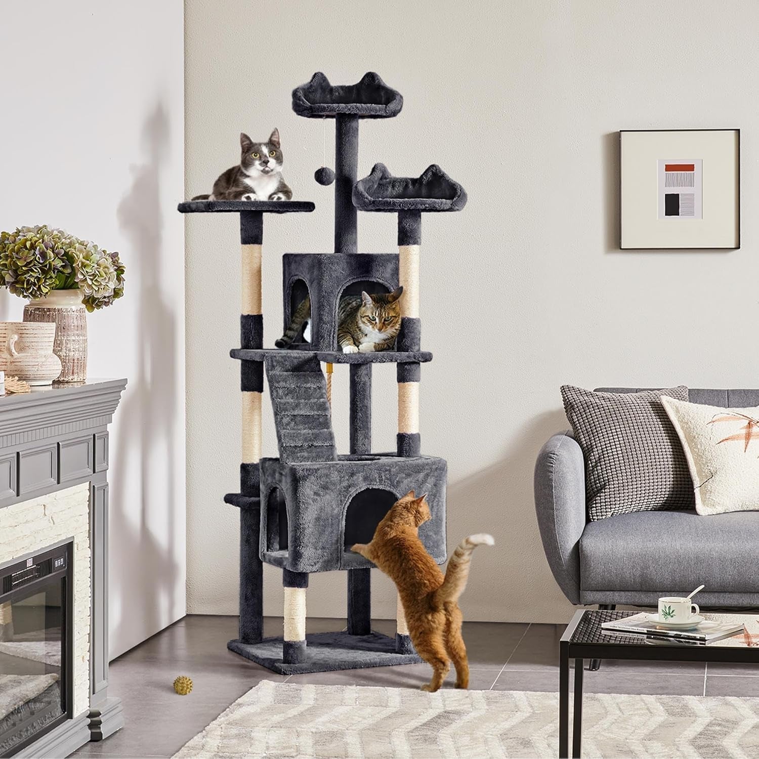 XL Cat Tree, 72In Multi-Level Cat Tower with 2 Cozy Caves, 3 Soft Perches, Scratching Posts, Board, and Dangling Ball, Cat Furniture Cat Play House Kittens, Dark Gray