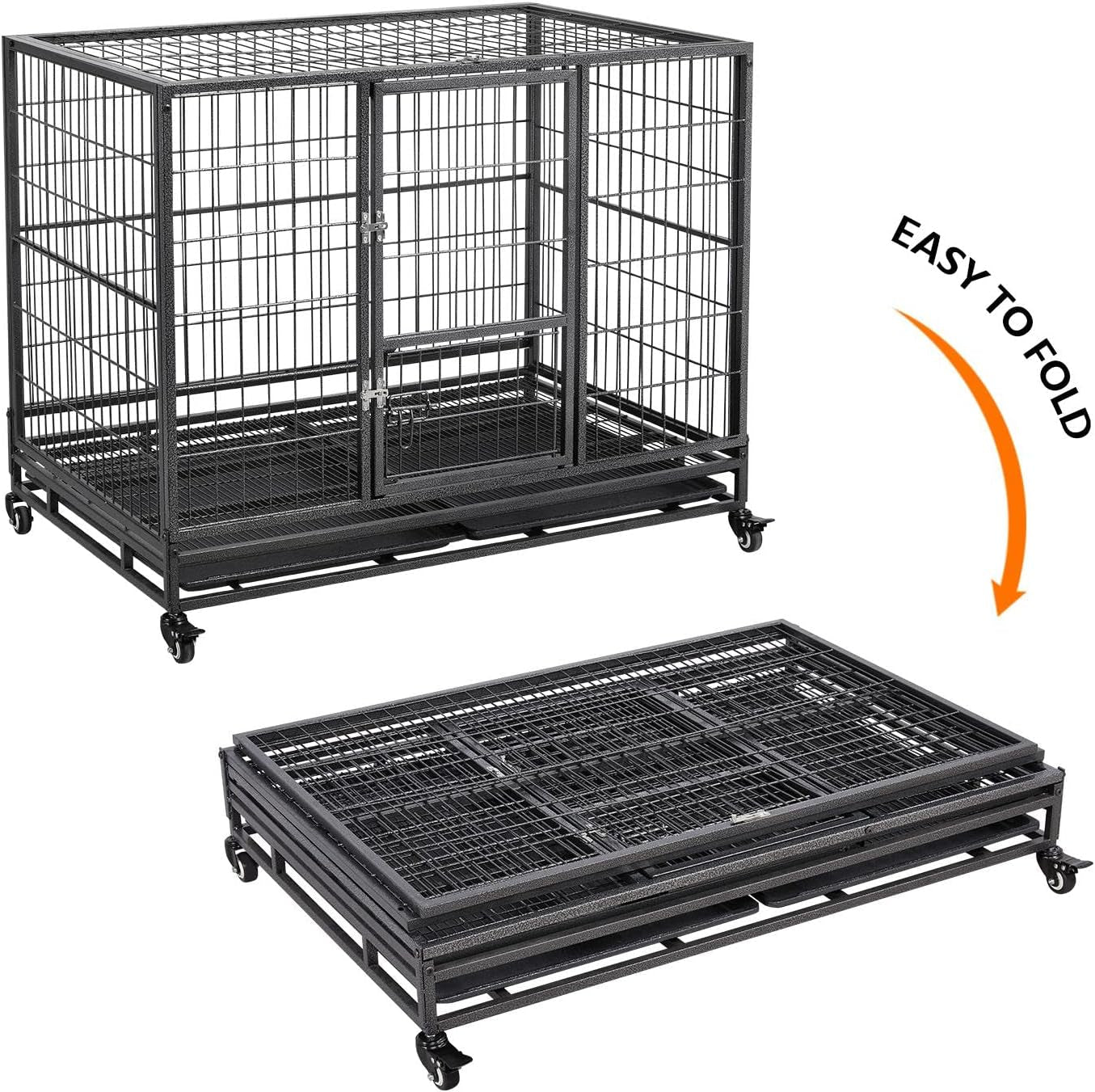 42-Inch Dog Crate Heavy Duty Metal Dog Crate for the House Indoor Dog Kennel for Small/Medium/Large Dogs W/Double Doors &amp; Locks &amp; Double Tray &amp; Lockable Wheels Pet Cage Black