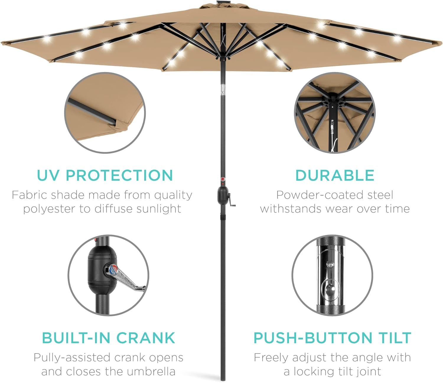 10Ft Solar Polyester LED Lighted Patio Umbrella W/Tilt Adjustment and Uv-Resistant Fabric - Tan