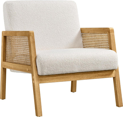 Boucle Fabric Accent Chair, Vintage Rattan Vanity Chair with Wood Armrest and Legs for Living Room Bedroom Makeup Room, Ivory 1