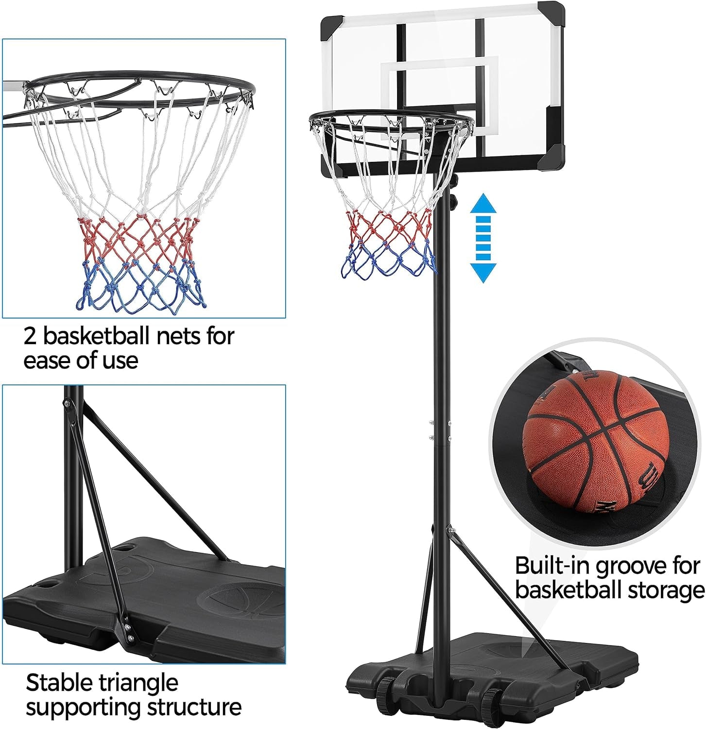 Kids Basketball Hoop Outdoor Portable Basketball Goals Basketball Court Freestanding Basketball Goal Stand 7.4Ft-8.4Ft Height Adjustable for Indoor/Outdoor Sports