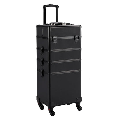 4 in 1 Professional Makeup Train Case Aluminum Cosmetic Case Rolling Makeup Case Extra Large Trolley Makeup Travel Organizer, with 360° Swivel Wheels, Black