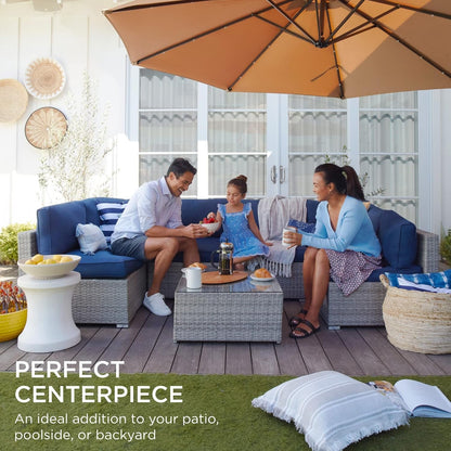 7-Piece Modular Outdoor Sectional Wicker Patio Conversation Set W/ 2 Pillows, Coffee Table, Cover Included - Gray/Navy