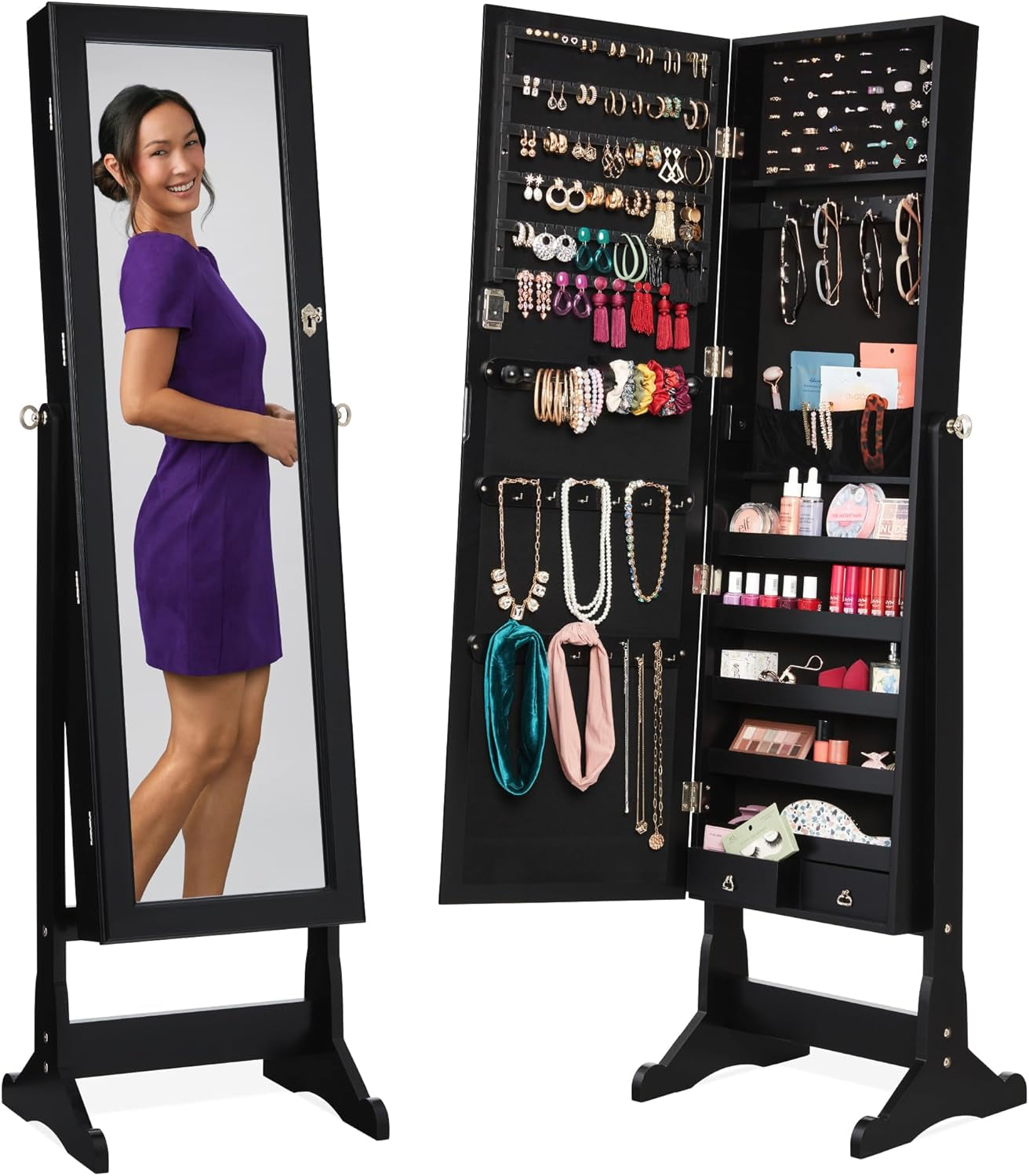 Freestanding Jewelry Armoire Cabinet, Full Length Standing Mirror, Lockable Makeup Storage Organizer, W/Velvet Lining, 3 Angles, Lock, Accessory Pouch, 5 Shelves - Sage