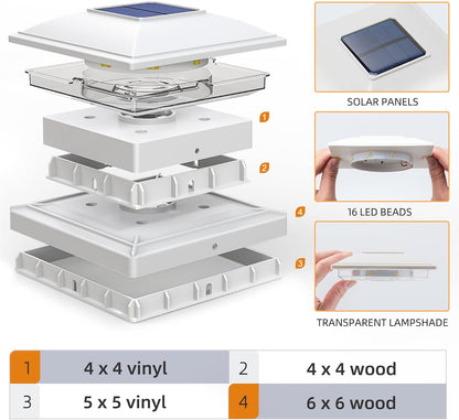 Solar Post Cap Lights,4 Pack 2-Modes Bright 5X5 Vinyl Fence Post Caps Solar Lights Outdoor Waterproof Garden Patio Fence Deck Decor for Fence Deck Caps 4X4,6X6 Wood,4X4,5X5 Vinyl