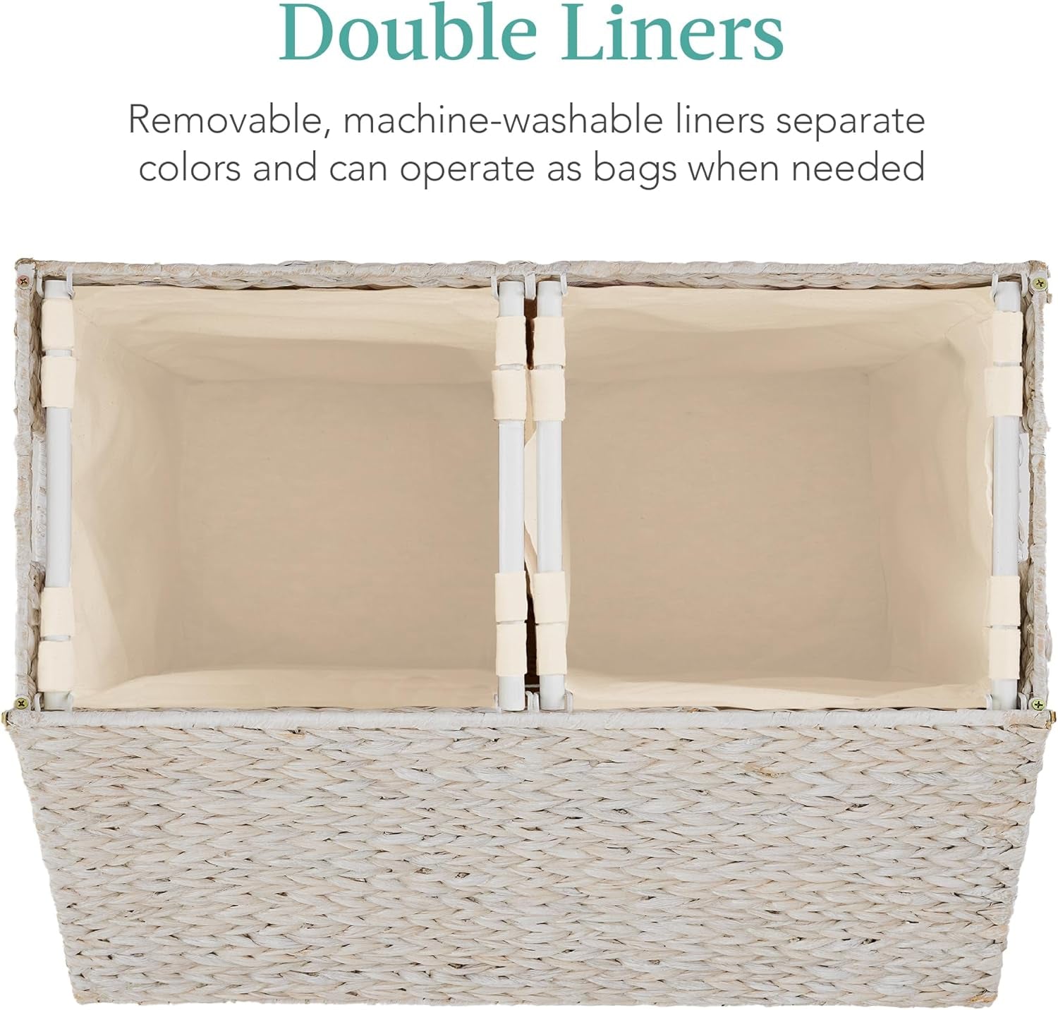 Large Double Laundry Hamper with Lid, Natural Handwoven Water Hyacinth, 2 Sections W/ 2 Machine Washable Linen Liner Bags, Portable, Handles - White