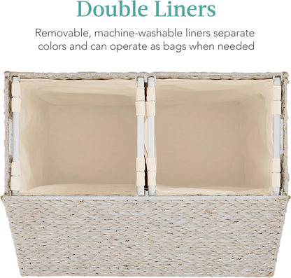 Large Double Laundry Hamper with Lid, Natural Handwoven Water Hyacinth, 2 Sections W/ 2 Machine Washable Linen Liner Bags, Portable, Handles - White