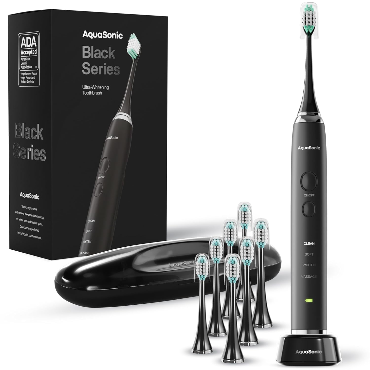 Black Series Ultra Whitening Toothbrush – ADA Accepted Electric Toothbrush- 8 Brush Heads &amp; Travel Case – 40,000 VPM Electric Motor &amp; Wireless Charging - 4 Modes W Smart Timer