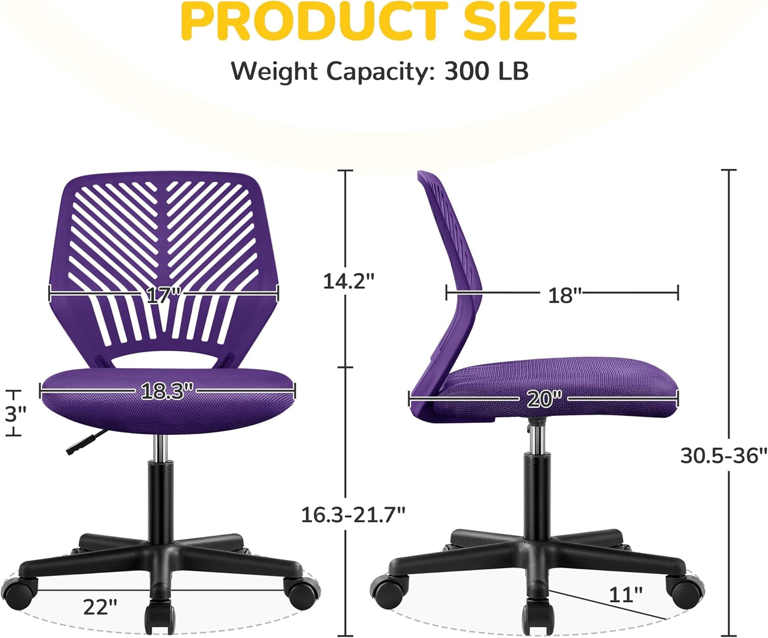 Students Cute Desk Chair Low-Back Armless Study Chair W/Lumbar Support Adjustable Swivel Chair in Home Bedroom School, Purple