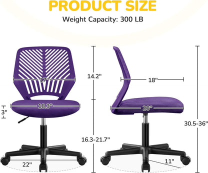 Students Cute Desk Chair Low-Back Armless Study Chair W/Lumbar Support Adjustable Swivel Chair in Home Bedroom School, Purple