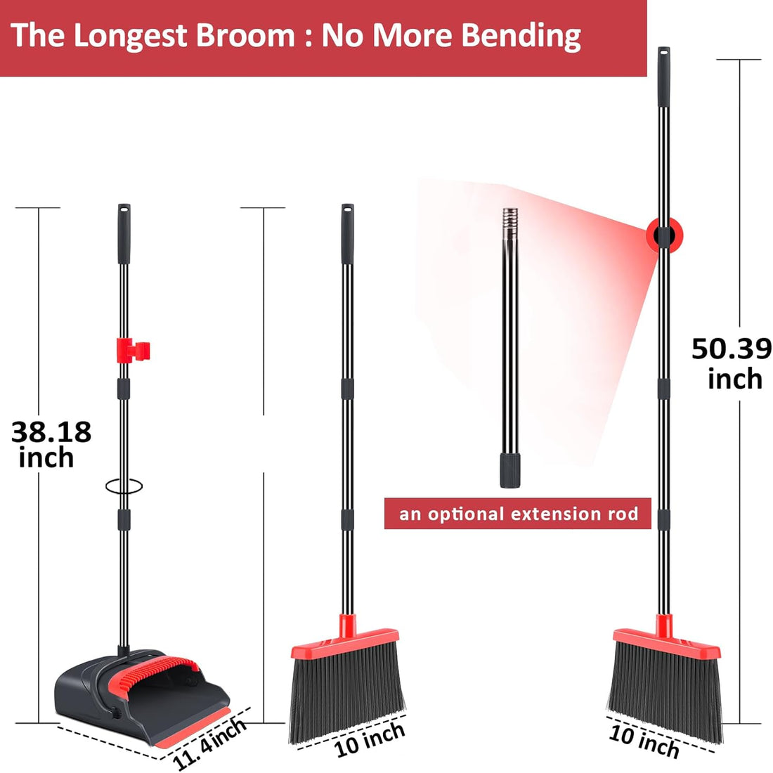 Broom and Dustpan Set for Home, Stand up Broom and Dustpan Combo for Office, Indoor&amp;Outdoor Sweeping (Black&amp;Red)