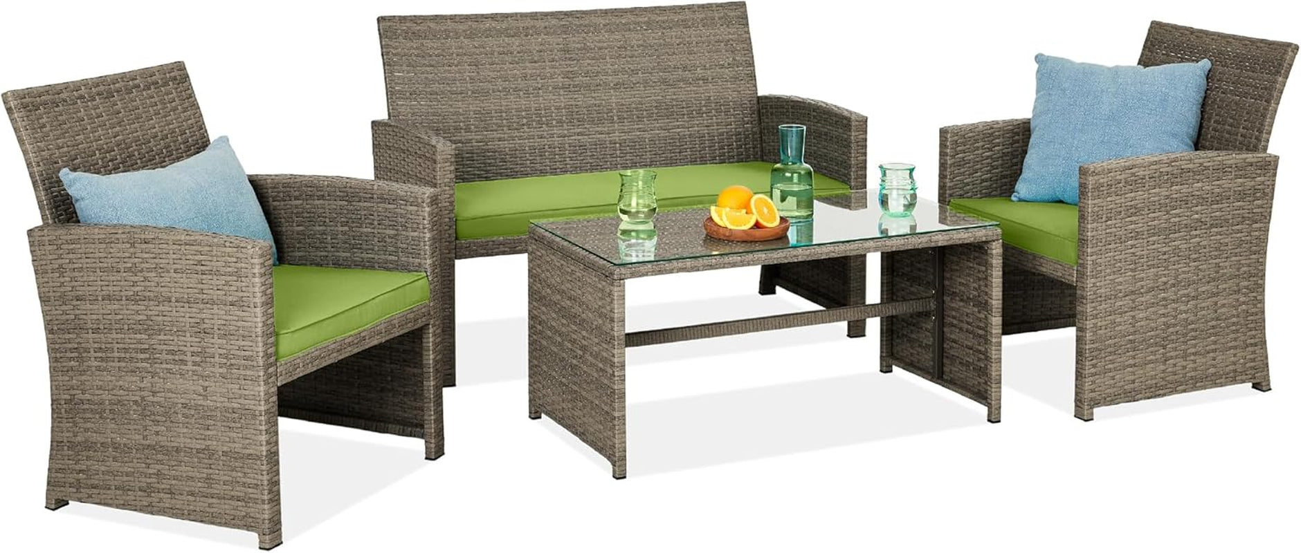 4-Piece Outdoor Wicker Patio Conversation Furniture Set for Backyard W/Coffee Table, Seat Cushions - Gray/Navy