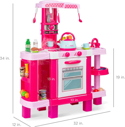 Pretend Play Kitchen Toy Set for Kids with Water Vapor Teapot, 34 Accessories, Sounds, Realistic Design, Utensils, Oven, Food, Sink - Pink