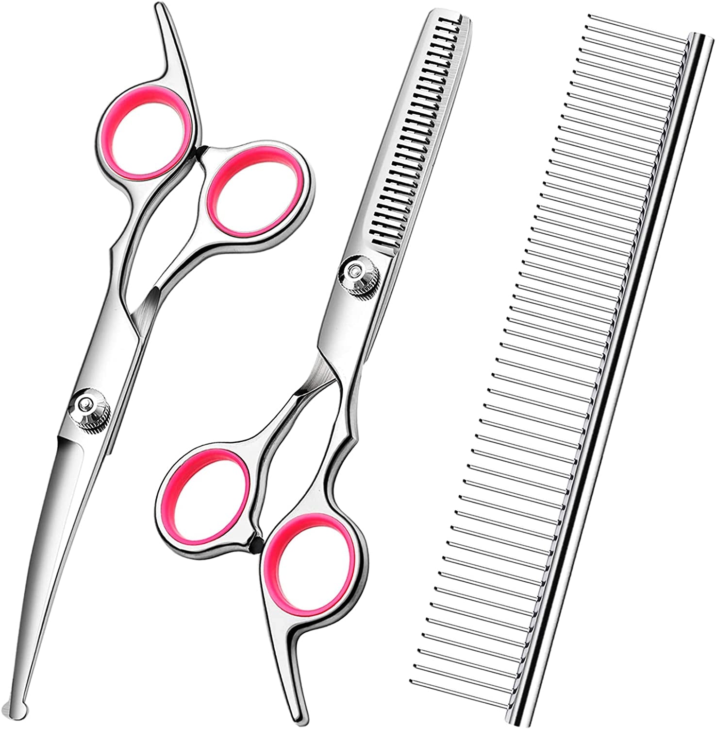 Dog Grooming Scissors with Safety round Tips Stainless Steel Professional Dog Grooming Kit - Thinning, Curved Scissors and Comb for Dog Cat Pet (Pink 4 in 1)