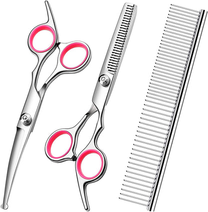 Dog Grooming Scissors with Safety round Tips Stainless Steel Professional Dog Grooming Kit - Thinning, Curved Scissors and Comb for Dog Cat Pet (Pink 4 in 1)