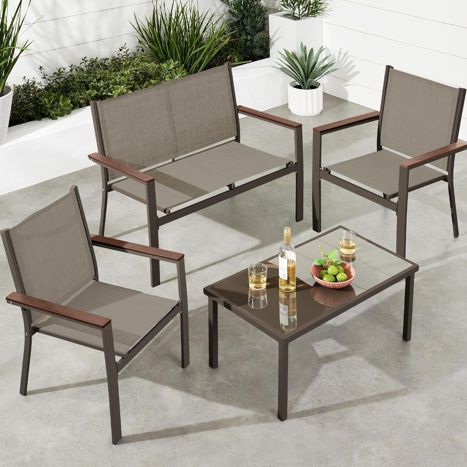 4-Piece Outdoor Textilene Patio Conversation Set, Backyard Furniture W/Loveseat, Coffee Table, Steel Frame - Taupe/Charcoal