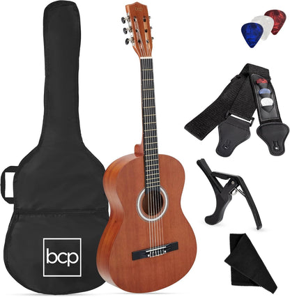 38In Beginner All Wood Acoustic Guitar Starter Kit W/Gig Bag, 6 Celluloid Picks, Nylon Strings, Capo, Cloth, Strap W/Pick Holder - Matte Black