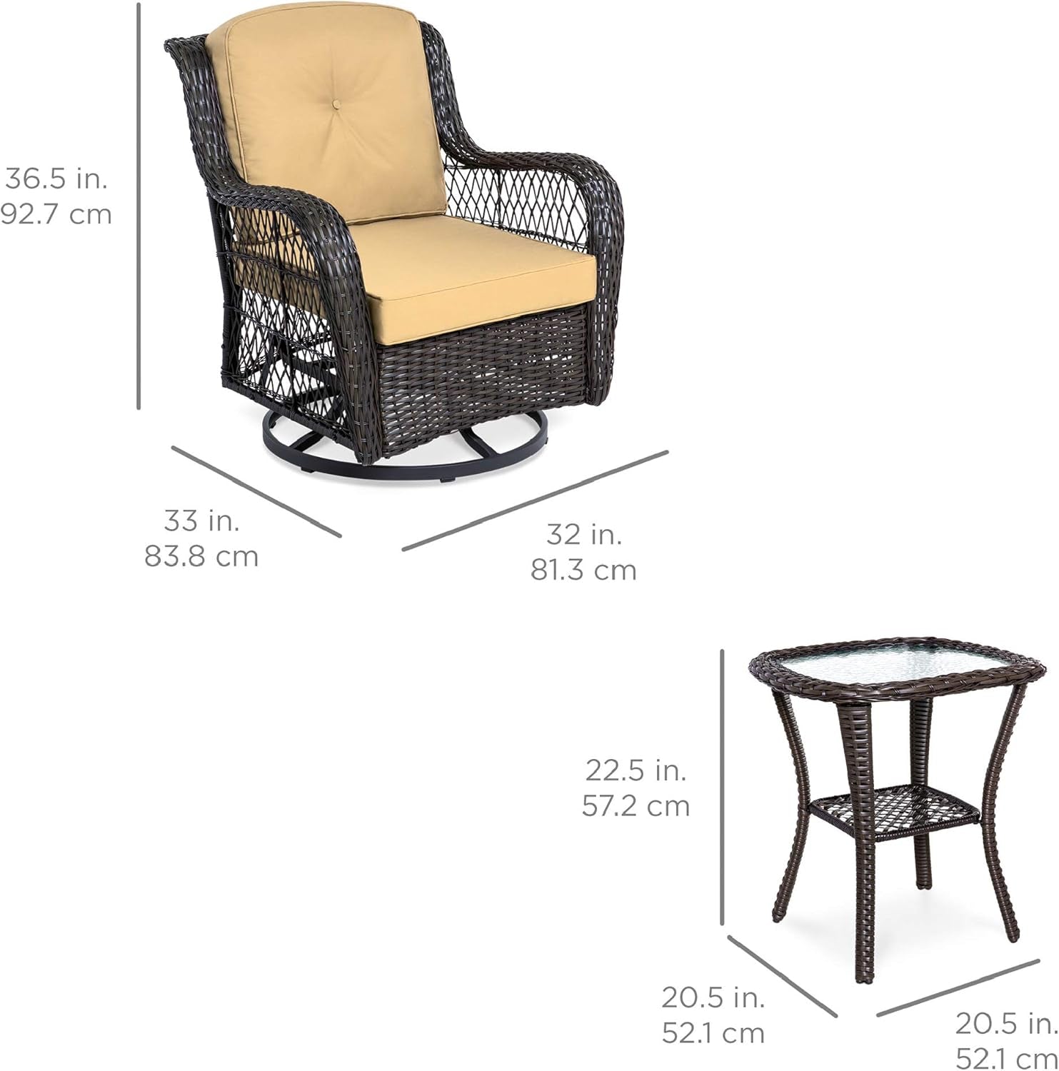 3-Piece Outdoor Wicker Patio Bistro Set W/ 2 360-Degree Swivel Rocking Chairs and Tempered Glass Top Side Table - Beige