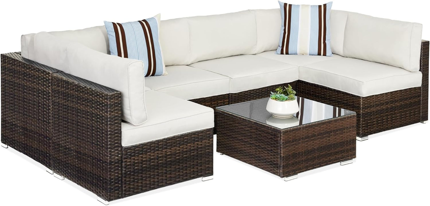 7-Piece Modular Outdoor Sectional Wicker Patio Conversation Set W/ 2 Pillows, Coffee Table, Cover Included - Gray/Navy