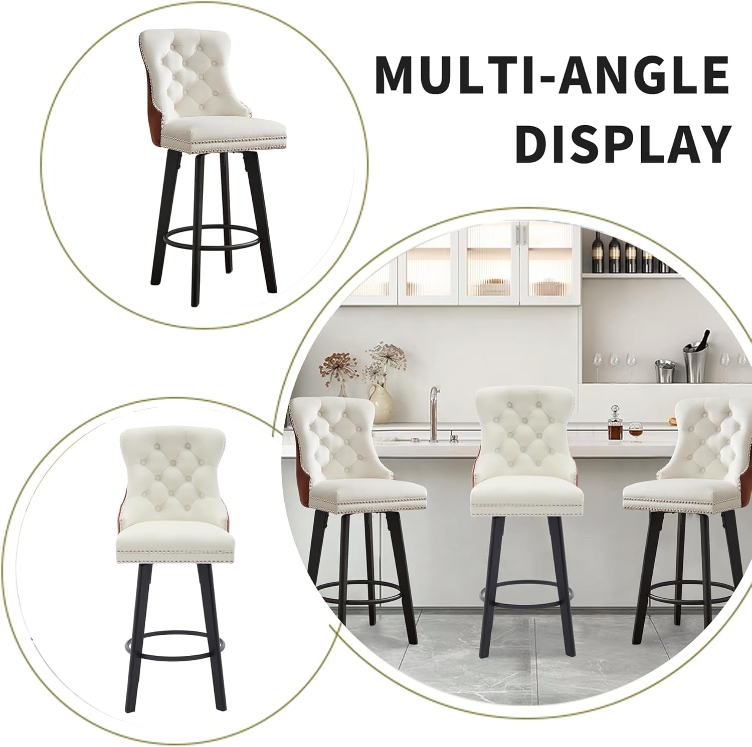 Modern Swivel 27&quot; H Seat Velvet Barstools with Backrest,Button Tufted Rivet Trim Dining Room Chairs with Metal Pull Ring for Kitchen Island，Bistro, Home Bar，Coffee and White（Two-Tone,3 Pcs）