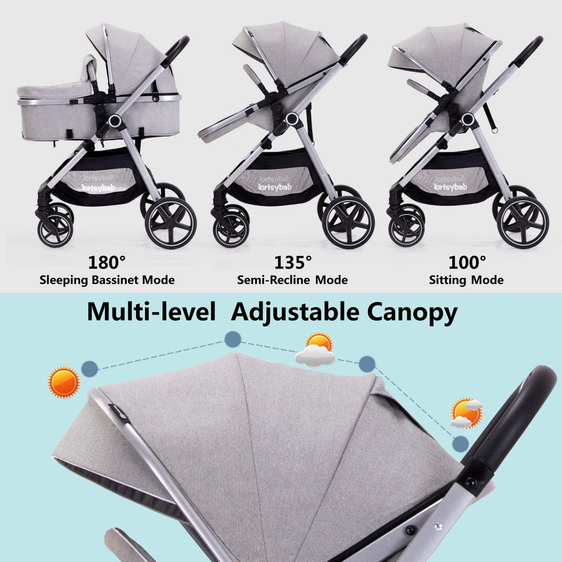 2-In-1 Baby Stroller with Bassinet Mode - Folding Infant Newborn Pram Stroller with Reversible Seat - Toddler Strollers for 0-36 Months Old Babies (Gery)