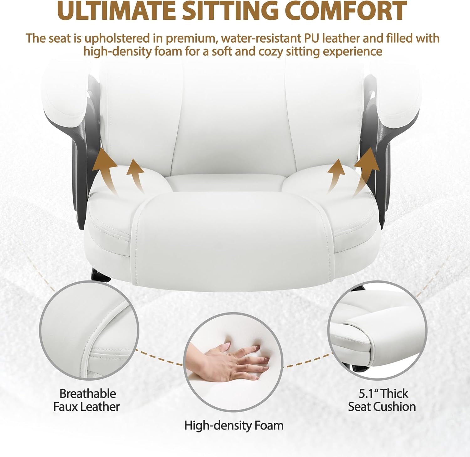 High Back Executive Chair Faux Leather Managerial Chair Ergonomic Task Chair Computer Meeting Chair Large Seat Swivel Chair, Sturdy Metal Base,White