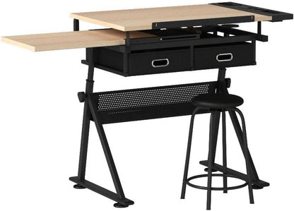 Height Adjustable Drafting Table with Stool and Storage Drawer