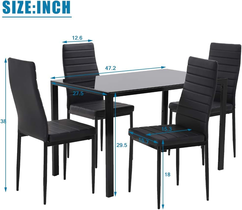 Dining Table Set Glass Dining Room Table Set for Small Spaces Kitchen Table and Chairs for 4 Table with Chairs Home Furniture Rectangular Modern (Black Glass)