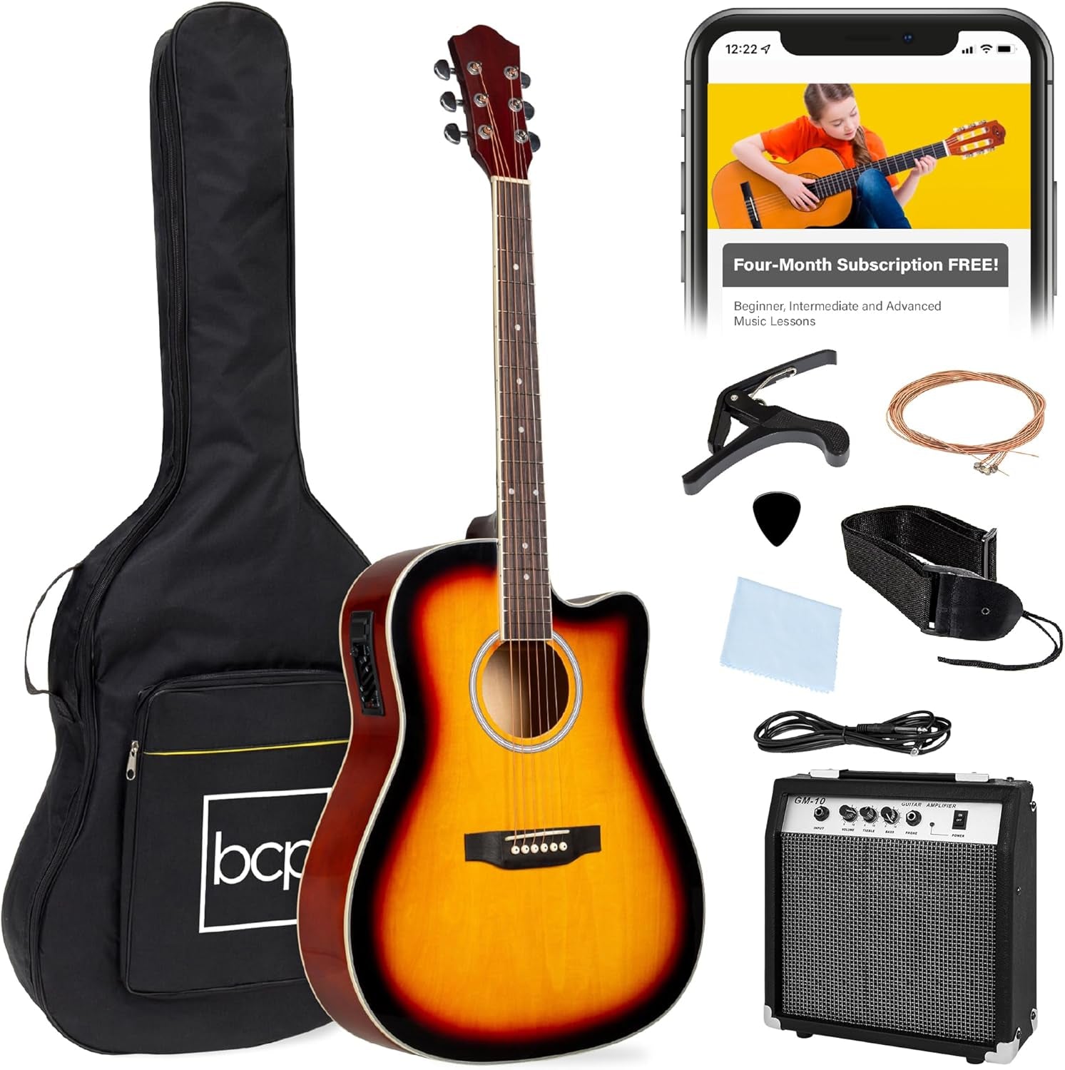 Beginner Acoustic Electric Guitar Starter Set W/ 41In, All Wood Cutaway Design, Case, Strap, Picks - Black