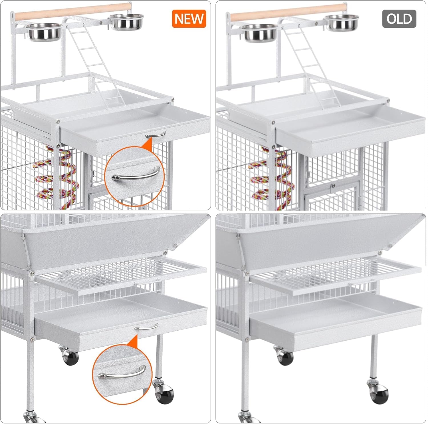 Wrought Iron Bird Cages, Play Top Large Aviary with Stand for Cockatiel Parrot Sun Parakeet Conures Lovebird Budgie Finch African Grey White, 61-Inch