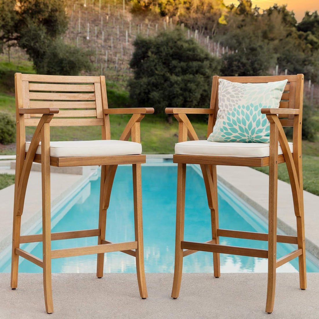 Set of 2 Outdoor Acacia Wood Bar Stools Bar Chairs for Patio, Pool, Garden W/Weather-Resistant Cushions - Teak Finish