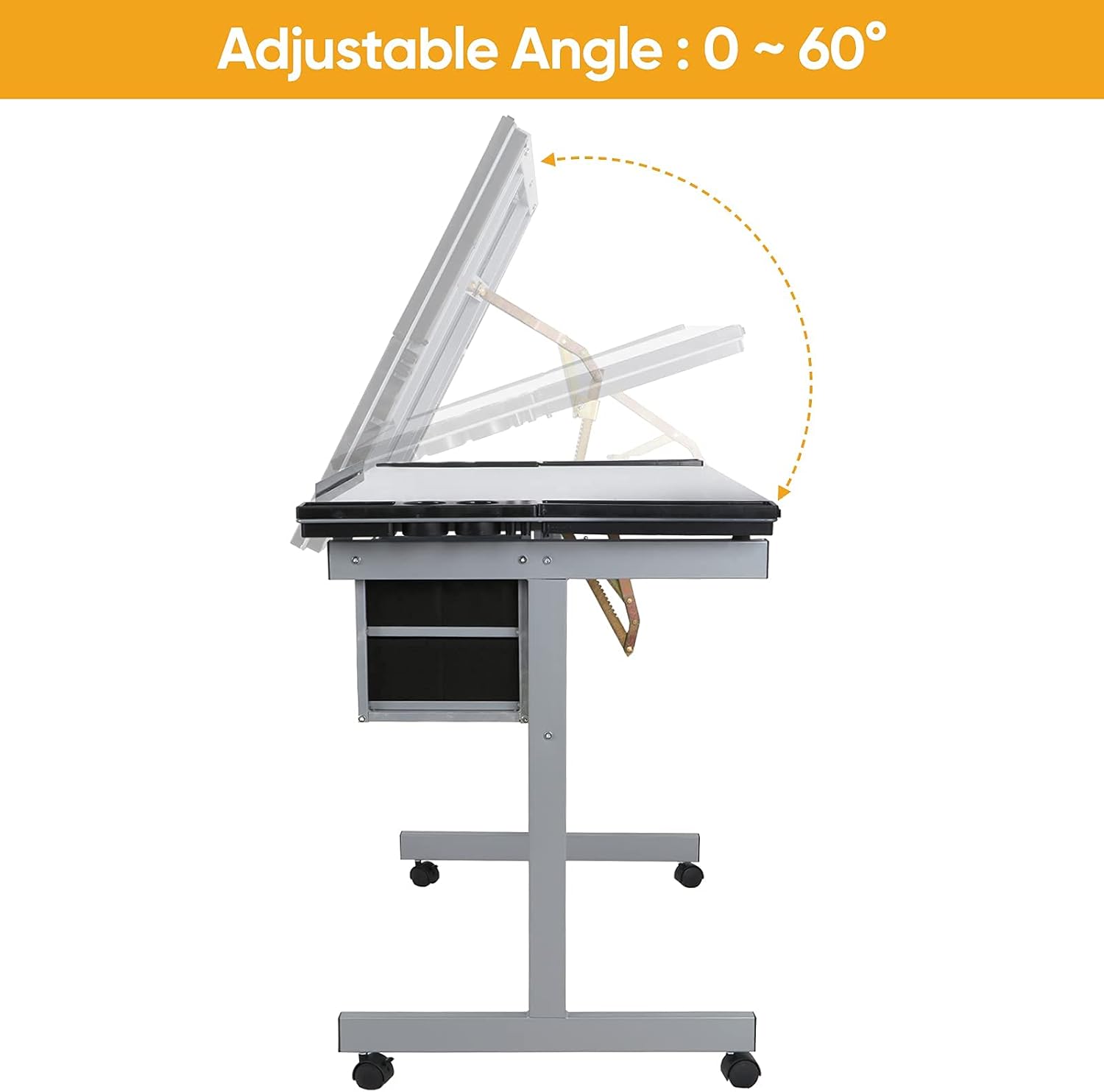 Adjustable Glass Tabletop Drafting Table on Wheels with Storage Drawers