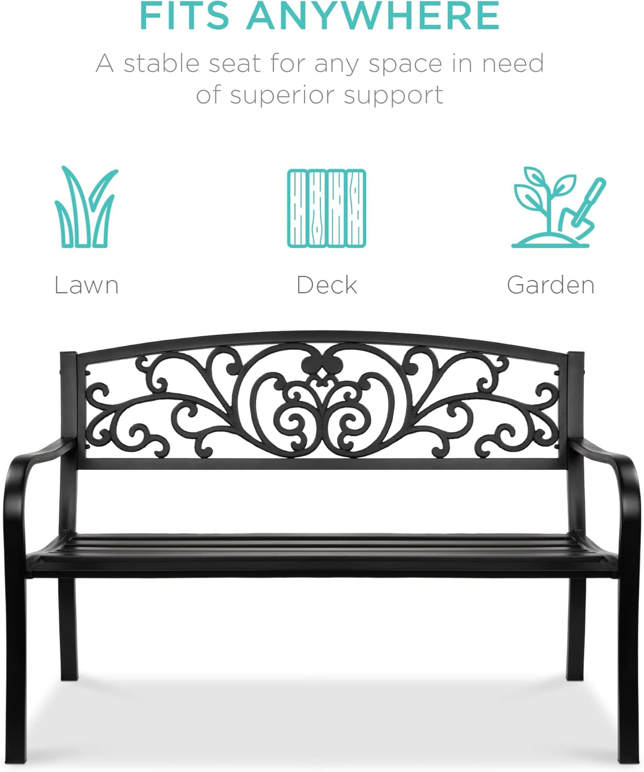 Outdoor Bench Steel Garden Patio Porch Furniture for Lawn, Park, Deck W/Floral Design Backrest, Slatted Seat - Black