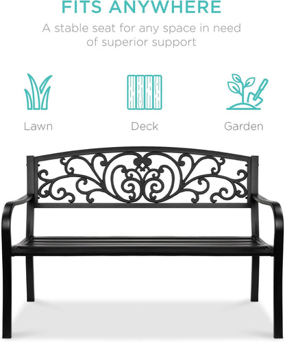 Outdoor Bench Steel Garden Patio Porch Furniture for Lawn, Park, Deck W/Floral Design Backrest, Slatted Seat - Black