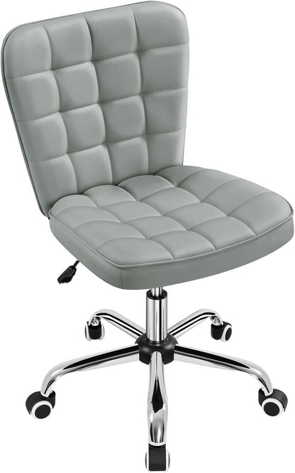 Armless Desk Chair Modern Tufted Office Chair Faux Leather Upholstered Computer Chair with Adjustable Seat Height and Rolling Wheels for Home/Office, White